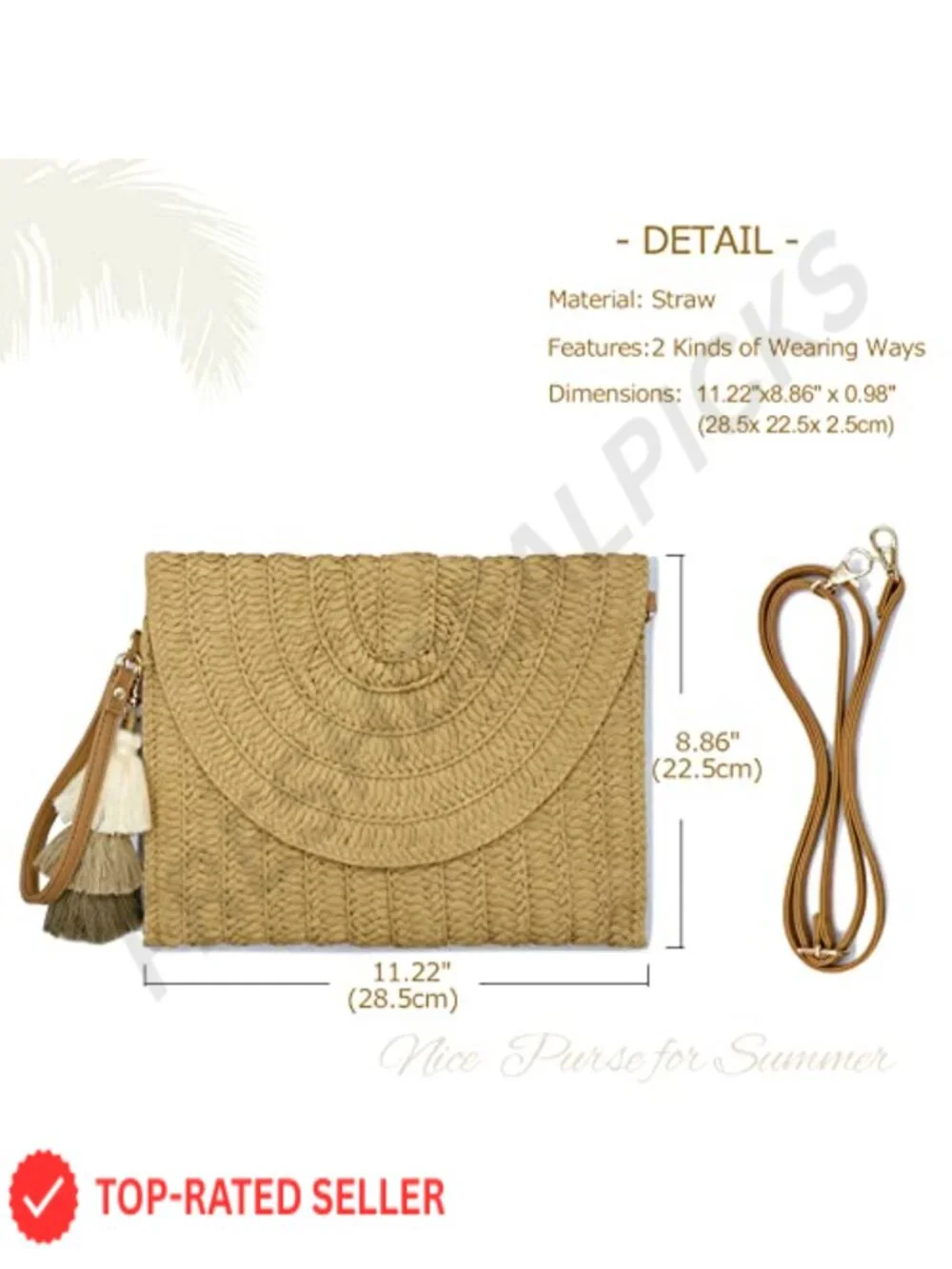Natural Straw Envelope Clutch with Magnetic Closure, Detachable Crossbody Strap